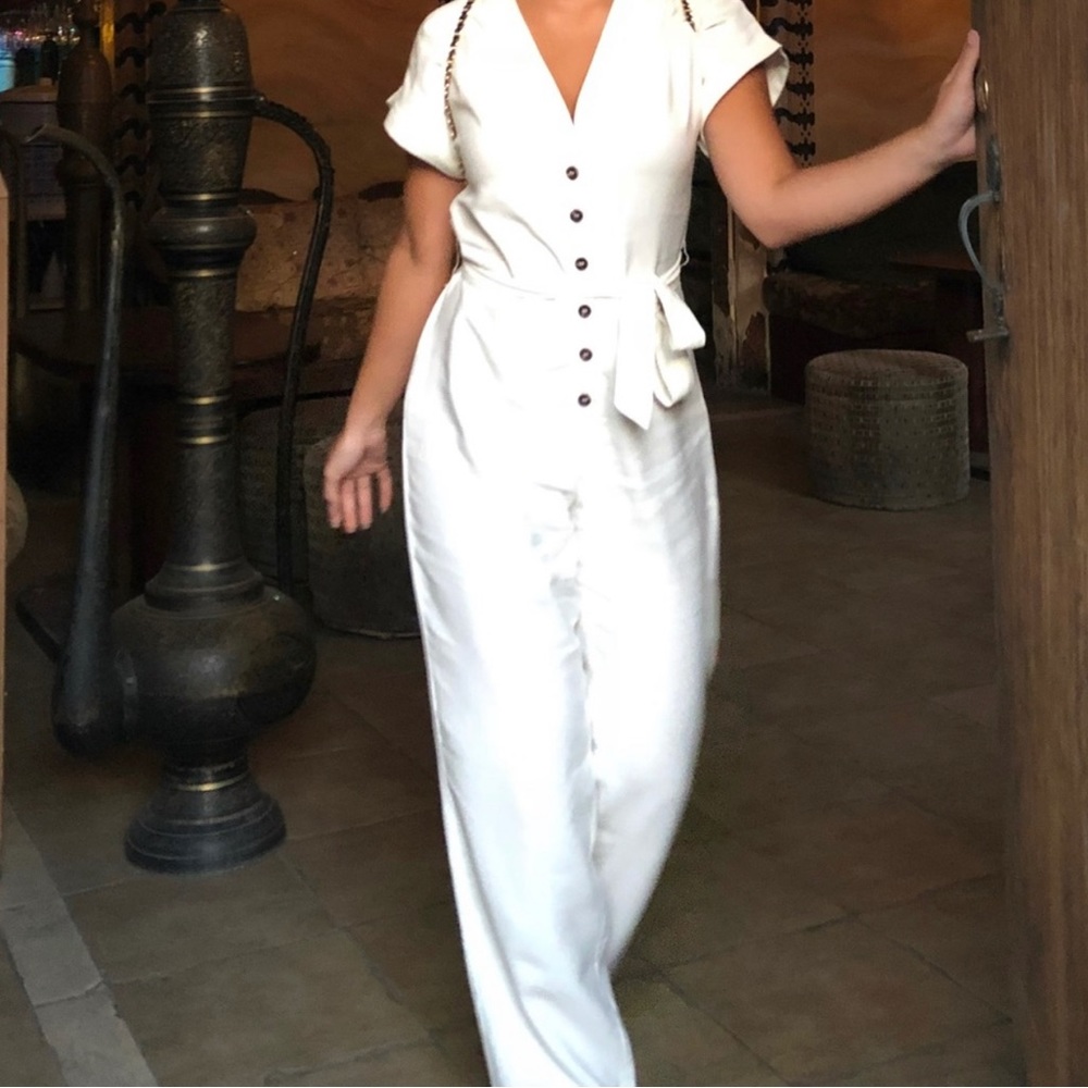 MANGO White Linen Tortoiseshell Button Belted Tie Jumpsuit